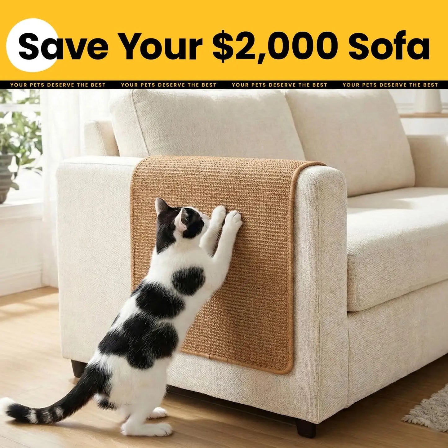 Sisal Cat Scratcher Mat, Wall Mounted Scratch Pad for Indoor Cats, Furniture Protector, Medium Brown