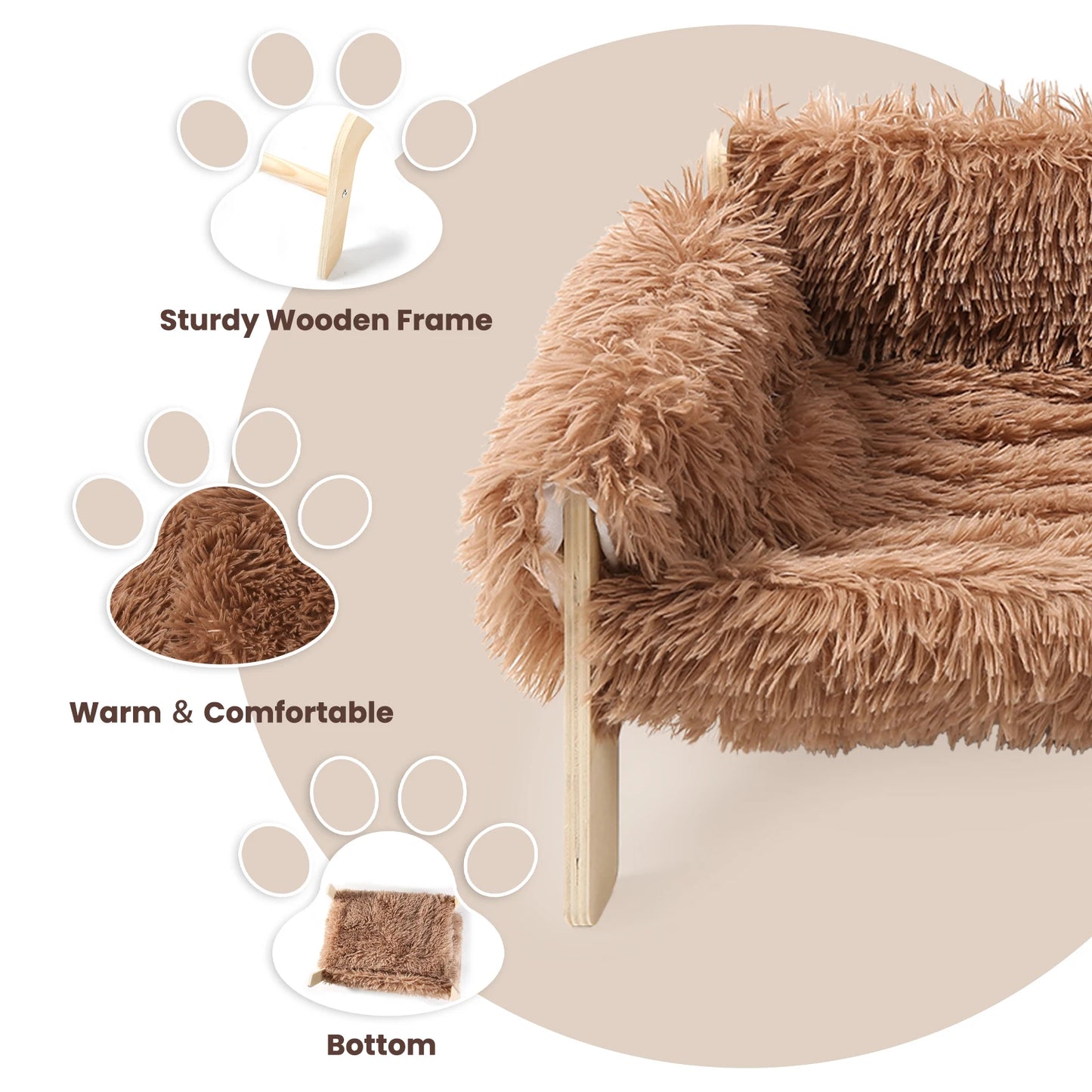 Large Raised Plush Cat Sofa Bed with Wooden Legs