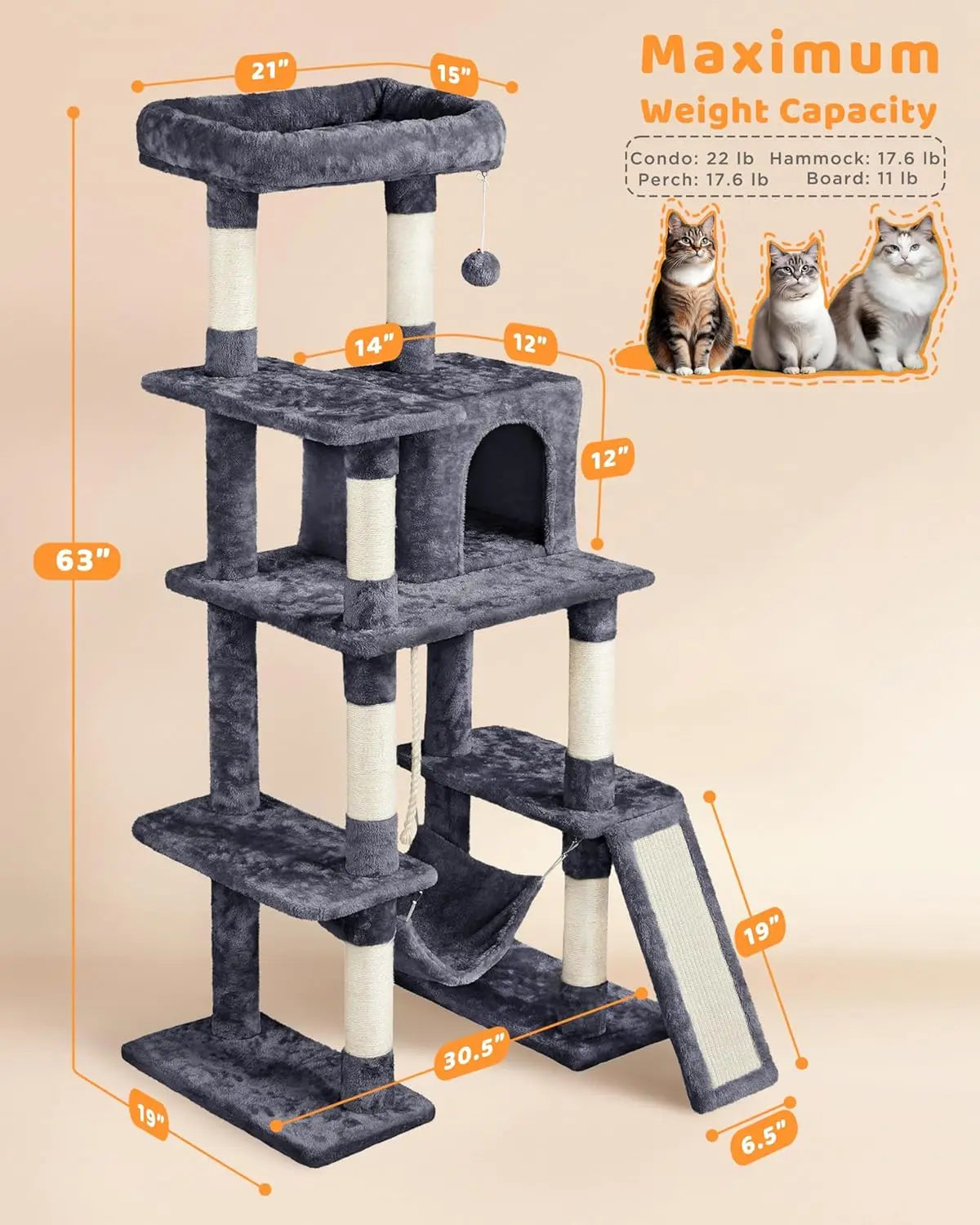 63-Inch Multi-Level Cat Tree with Scratching Posts, Hammock & Condo for Play and Sleep