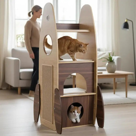 Rocket Cat Tree 47 Inch Large Wooden Cat Tower for Indoor Cats-Natural