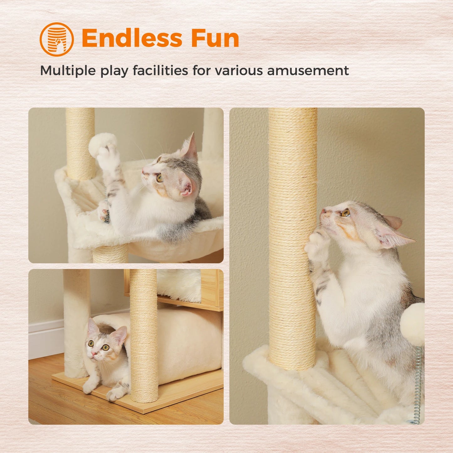 Height-Adjustable Wooden Cat Tree with Hammock & Sisal Posts