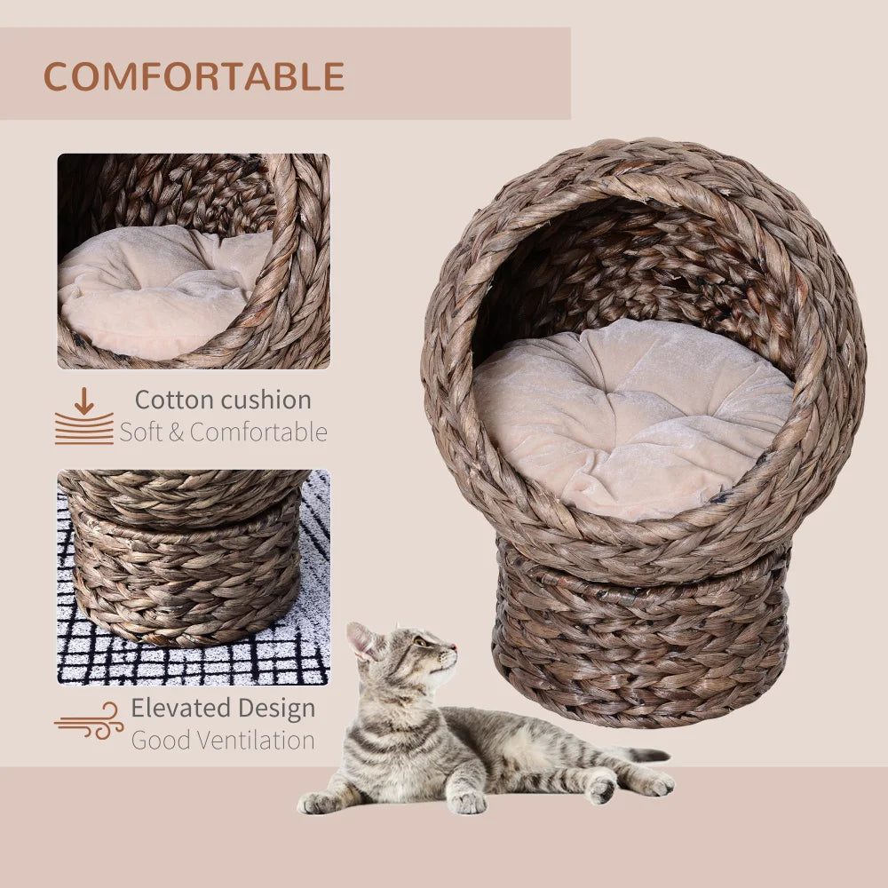 PawHut Handwoven Elevated Cat Bed with Soft Cushion, Egg Chair Shape, Stand, 23.5" H, Gray for Indoor Cats
