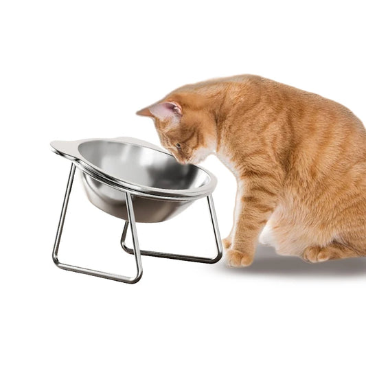 Tilted Stainless Steel Cat Bowl with Raised Metal Stand - front view
