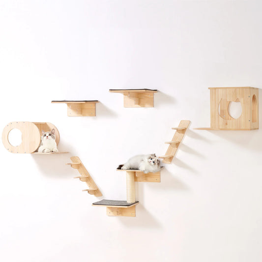 Wall-Mounted Cat Shelves with Perches, Jumping Boards & Hammock - front view