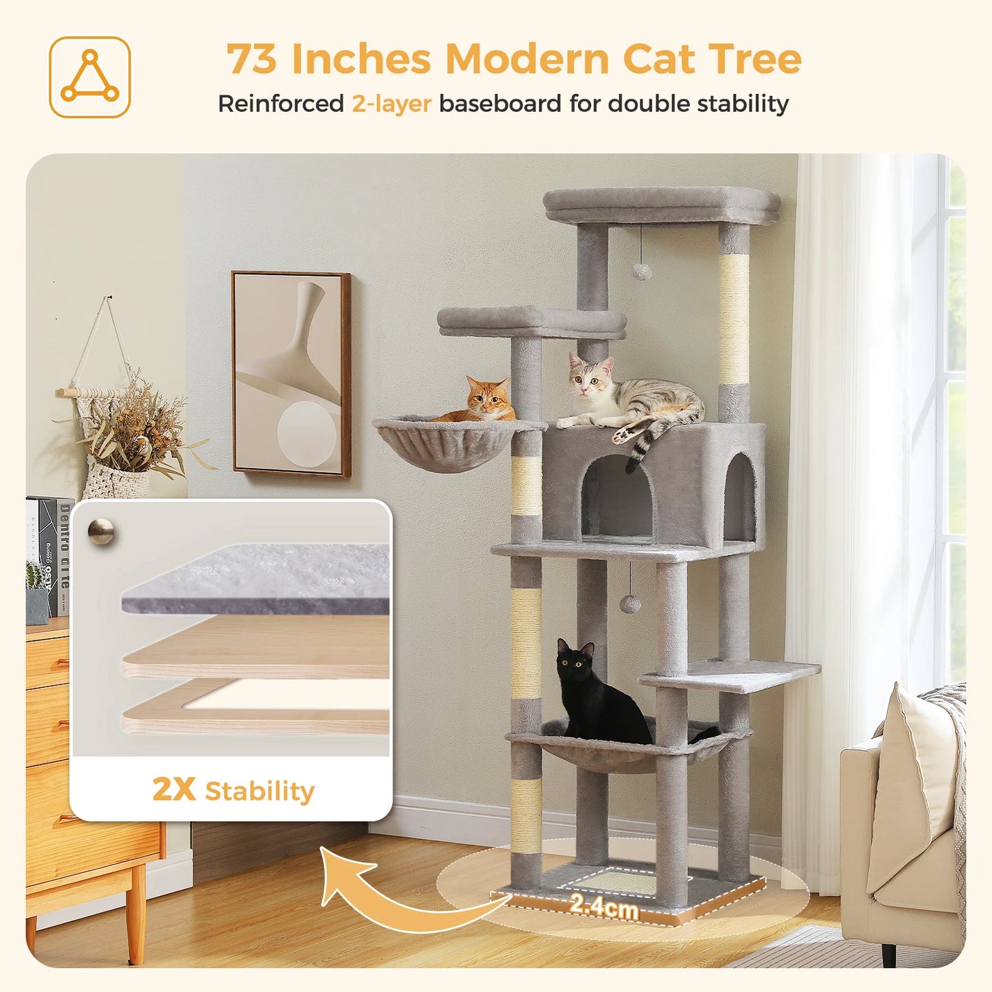 Large Cat Tree for Indoor Cats with Scratching Posts & Hammock
