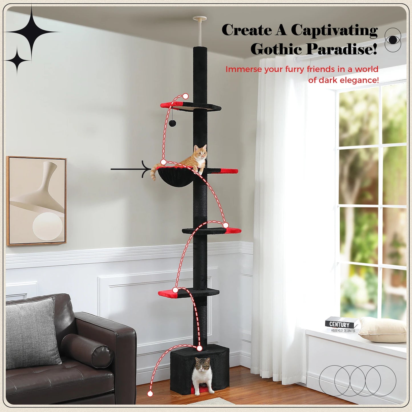 Adjustable Floor-to-Ceiling Cat Tree Tower with Condo & Hammock
