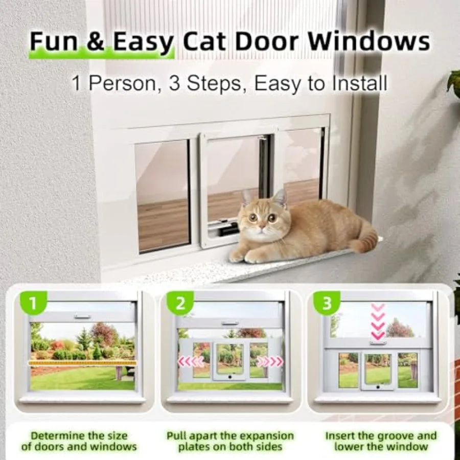 Cat Door for Window Aluminum Cat Door Window Insert with 4 Secure Lock Modes Magnectic Closure for Cats Fit Window Width 28"-32