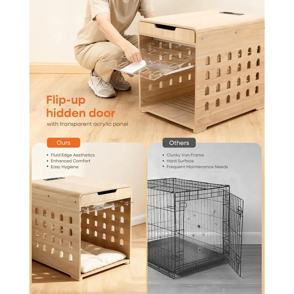 Medium Dog Crate Furniture with Charging Station, Indoor Oak Wood Kennel for Small to Medium Breeds up to 50lb