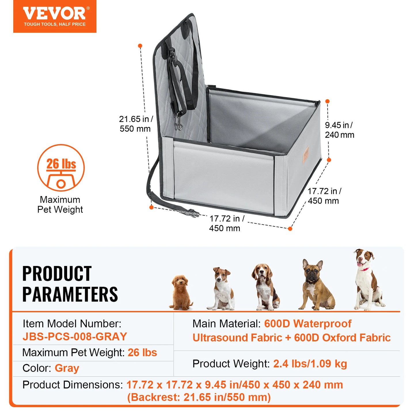 Waterproof Dog Car Booster Seat with Safety Leash