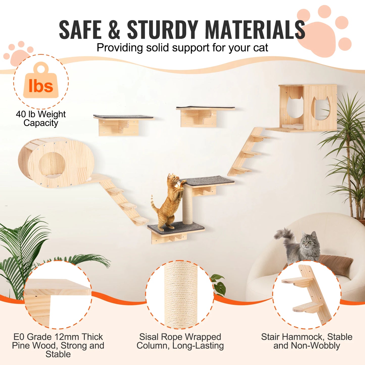 Wall-Mounted Cat Shelves with Perches, Jumping Boards & Hammock