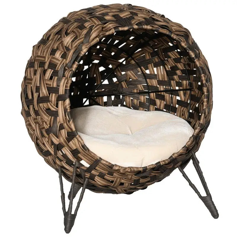 Rattan Cat House with Cushion Cat Sleeping Place Cat Cave with Raised Feet Brown Ø52 X 58 cm