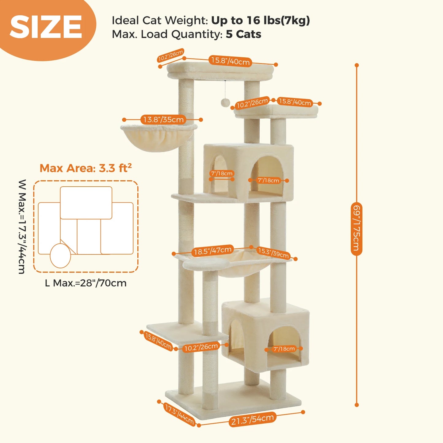 Tall Cat Tree Tower with Large Hammock, Condo & Scratching Posts