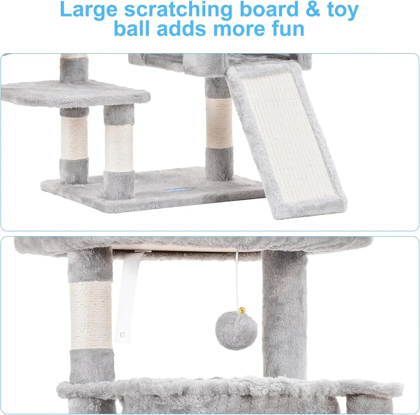 Cat Tree for Indoor Cats, Large Padded Bed, Hammocks, Sisal Scratching Posts, Light Gray