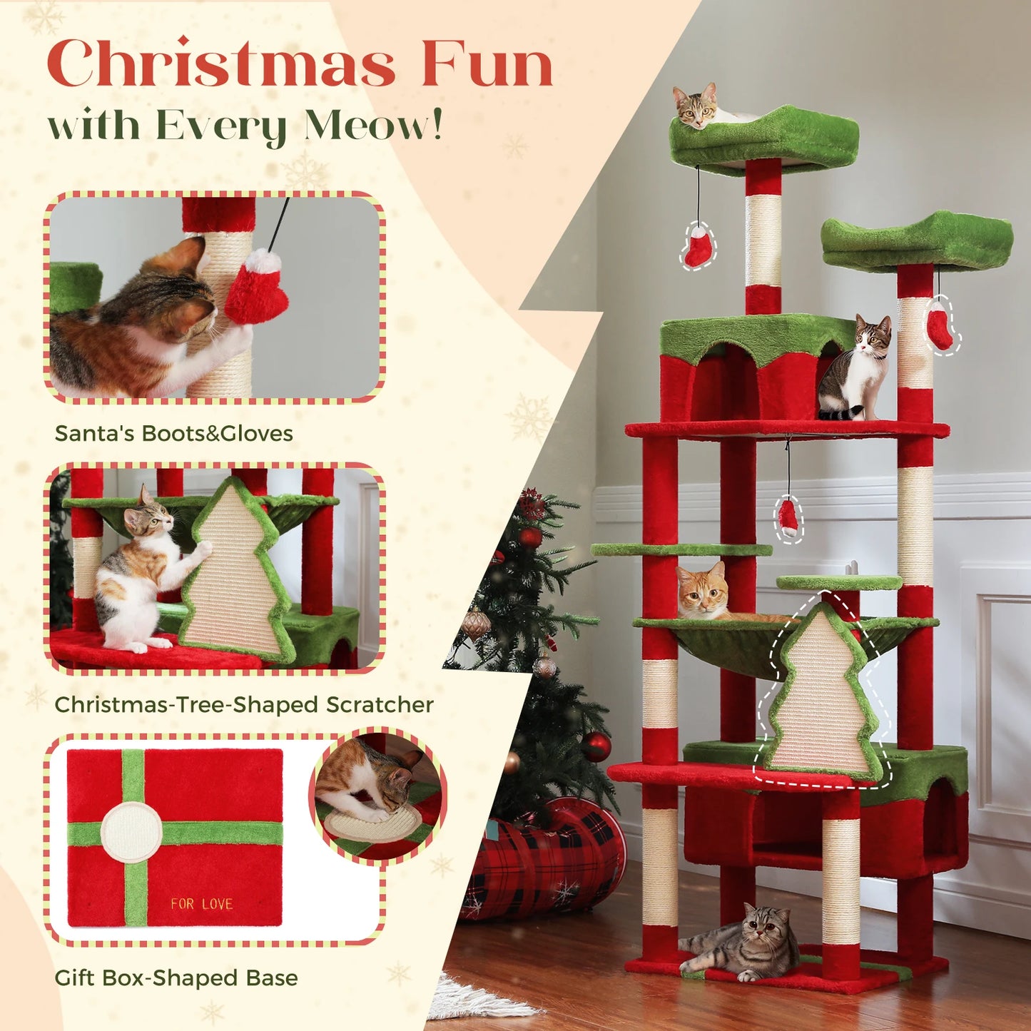 Christmas Cat Tree with Sisal Posts, Condo & Hammock