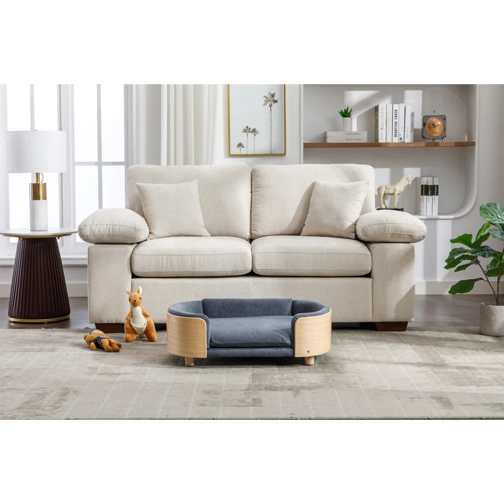 Scandinavian Style Elevated Dog Bed Pet Sofa with Solid Wood Legs, Bent Wood Back, Velvet Cushion, Mid-Size, Dark Grey