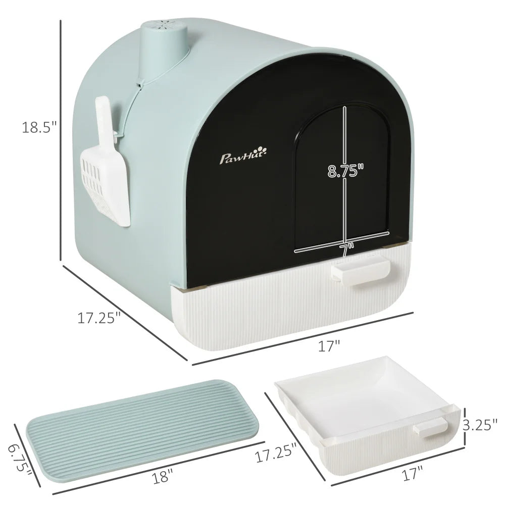 PawHut Cat Litter Box with Lid, Covered for Indoor Cats, Comes with Tray, Scoop, Filter, 17" x 17" x 18.5", Green