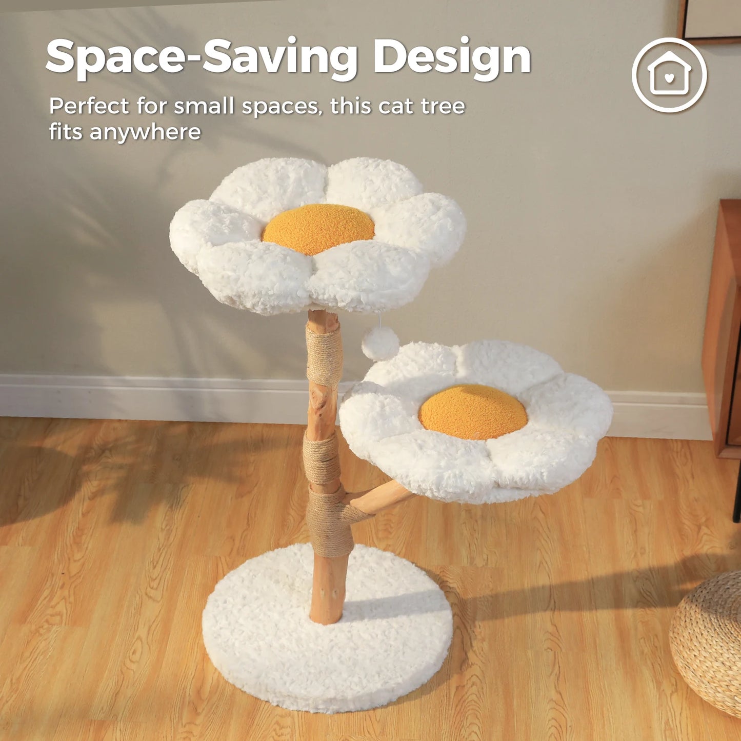 Modern Solid Wood Cat Tree with Wicker Basket & Condo