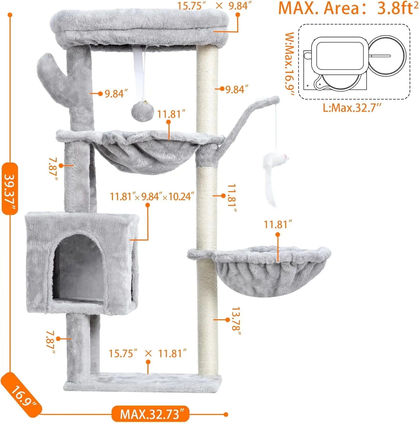 39.4" Cat Tree Tower with Scratching Post, Indoor Cat Condo, 2 Baskets & Dangling Toy, Light Gray