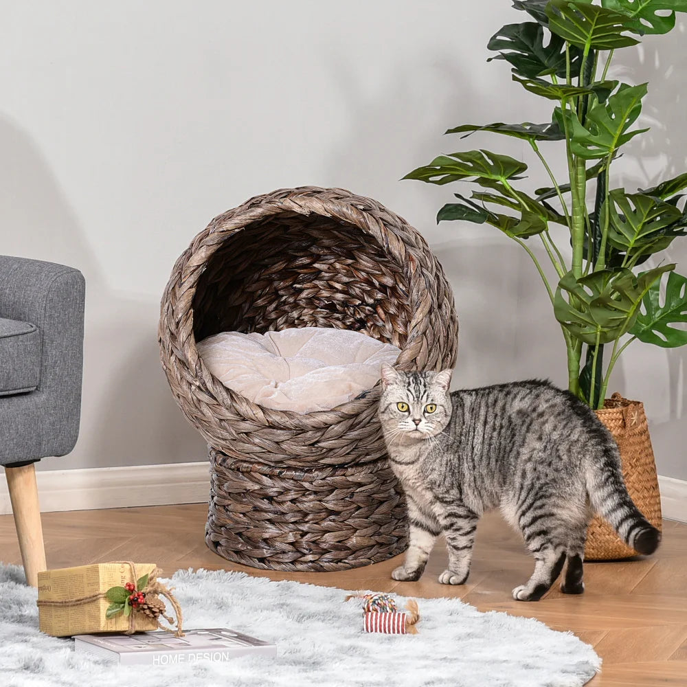 PawHut Handwoven Elevated Cat Bed with Soft Cushion, Egg Chair Shape, Stand, 23.5" H, Gray for Indoor Cats