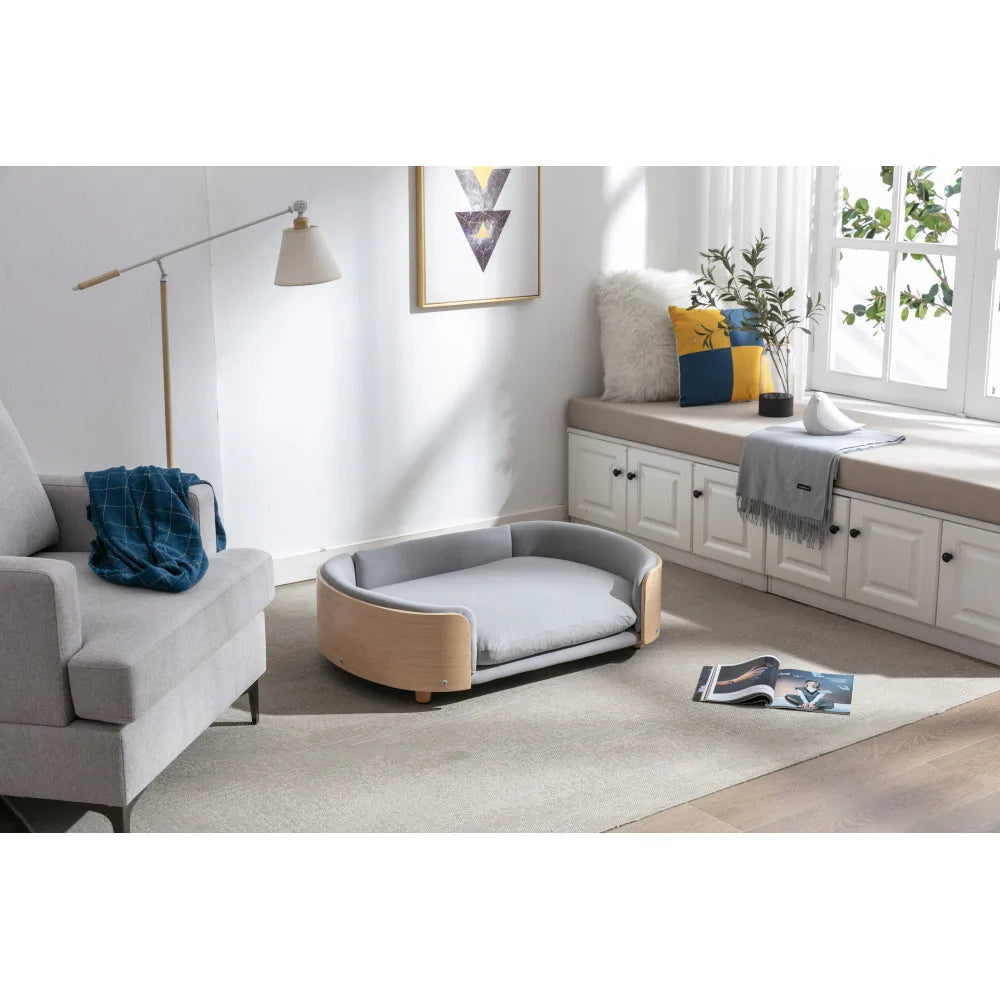 Scandinavian Style Elevated Dog Bed Pet Sofa with Solid Wood Legs, Bent Wood Back and Velvet Cushion, Large Size