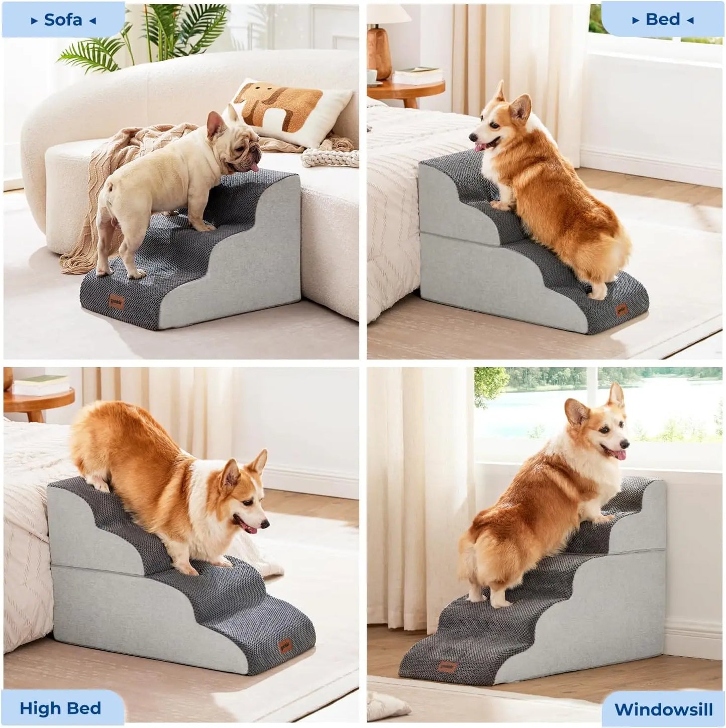 5 Step Dog Stairs for High Beds Up to 25", Non-Slip Foam Pet Ramp, Grey