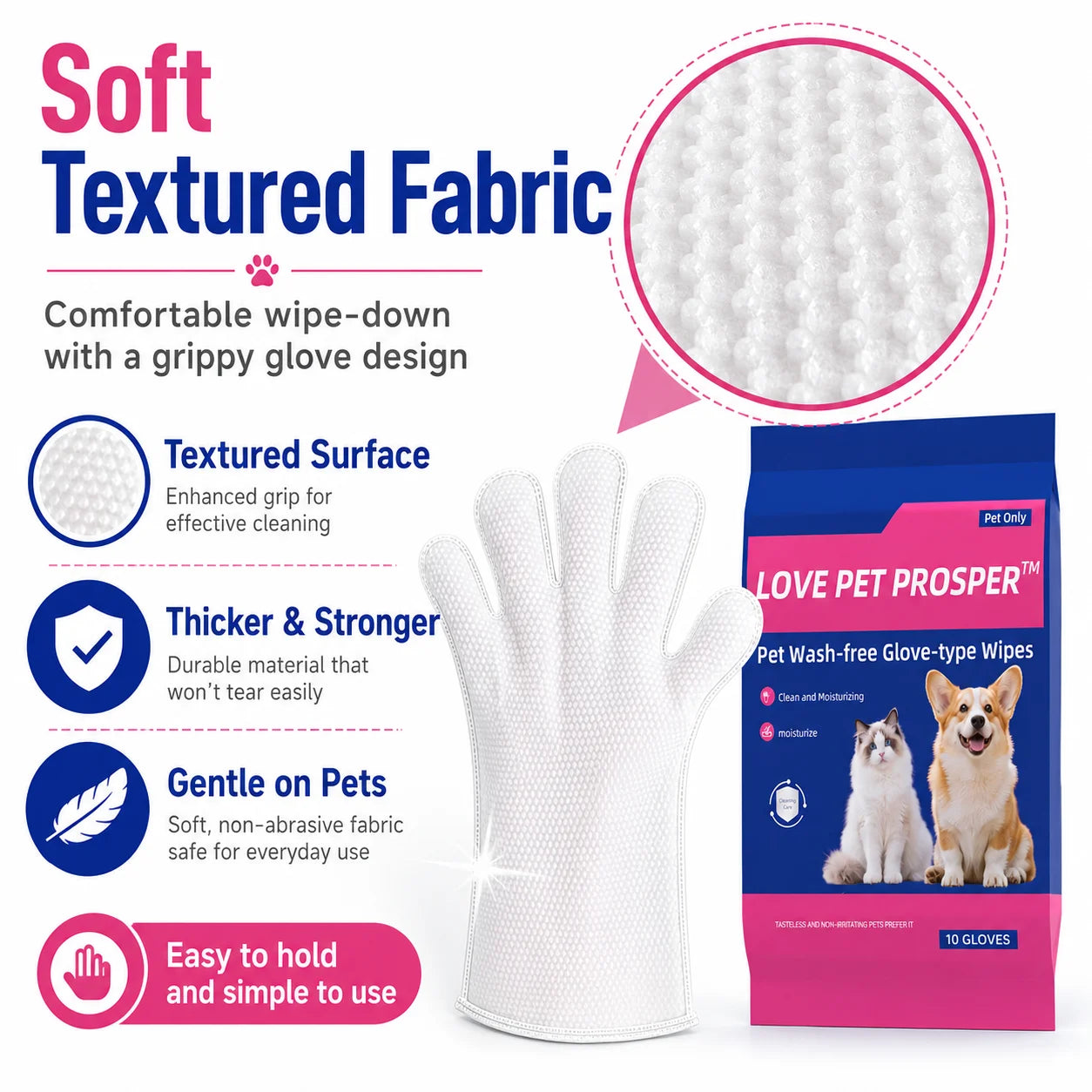 Pet Cleaning Glove Wipes for Dogs & Cats, No-Rinse Grooming Wipes Gloves, Disposable Textured Pet Bath Wipes for Paws, Coat, Dander & Odor Control, Soft Moisturizing Deodorizing Pet Wipes, 10 Count