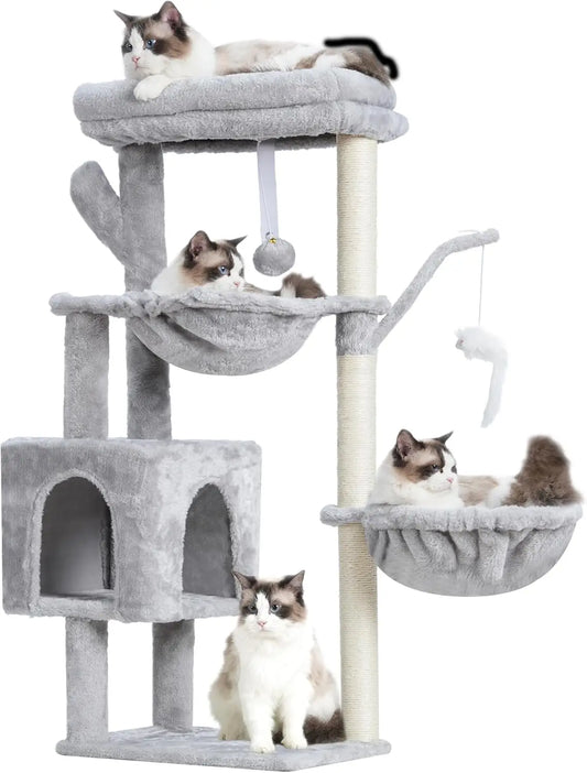 39.4" Cat Tree Tower with Scratching Post, Indoor Cat Condo, 2 Baskets & Dangling Toy, Light Gray