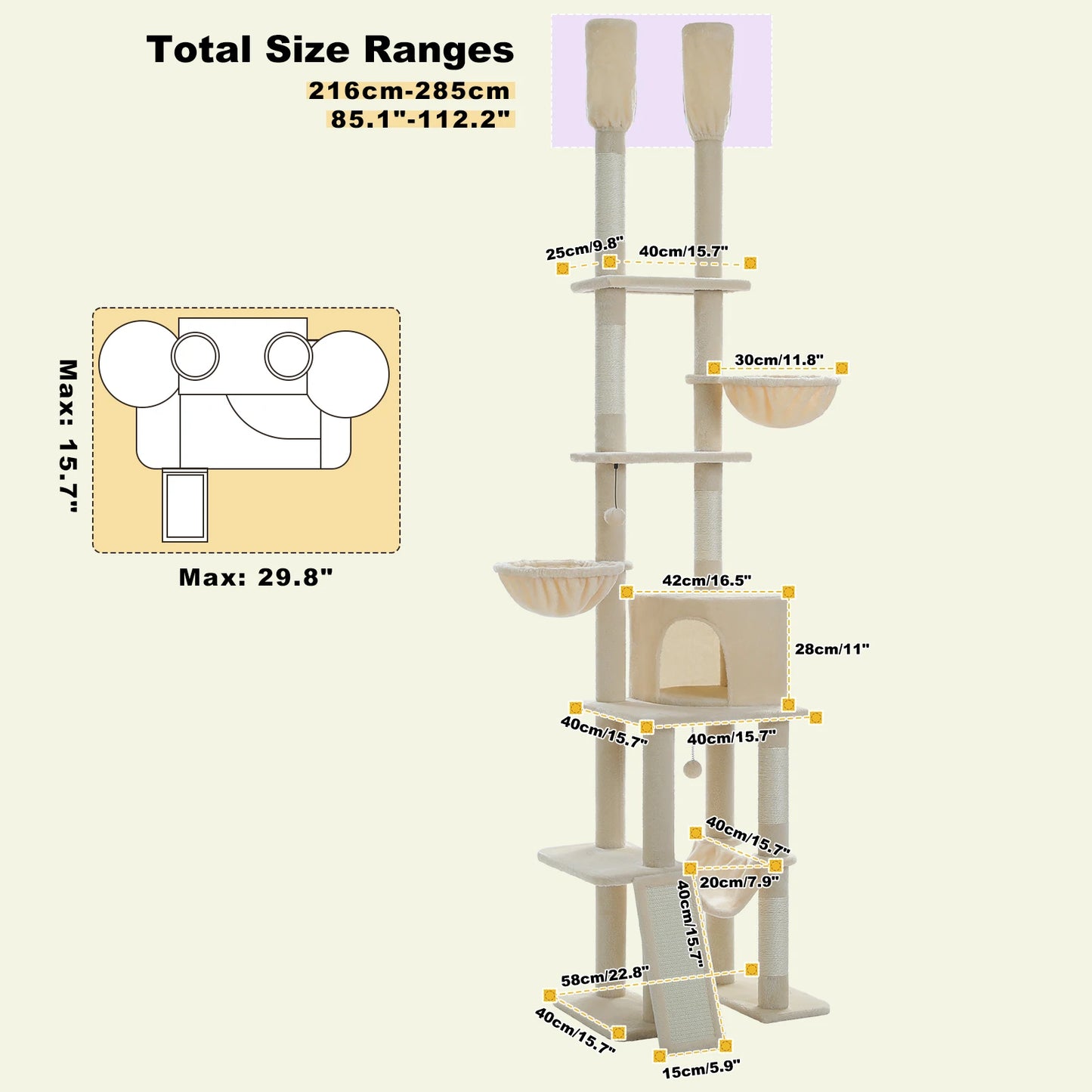 Floor-to-Ceiling Cat Tree with Hammock & Sisal Scratching Posts