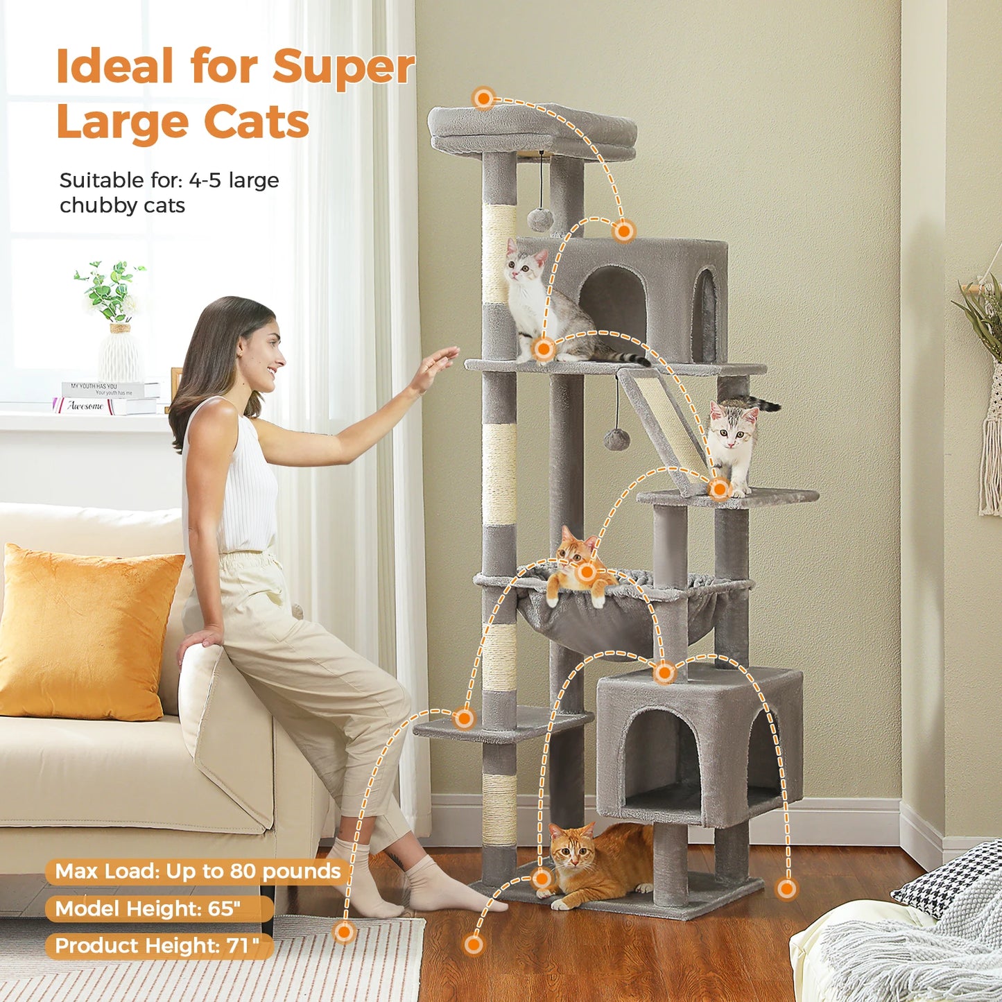 Tall Multi-Level Cat Tower for Large Cats with 2 Condos & Bed