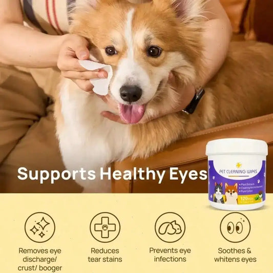 120 Gentle Pet Wipes: Natural & Soothing Eye, Face & Mouth Cleaning for Dogs & Cats - Tear Stain Remover, Ear & Tooth Finger Wipes, Pet Grooming Supplies