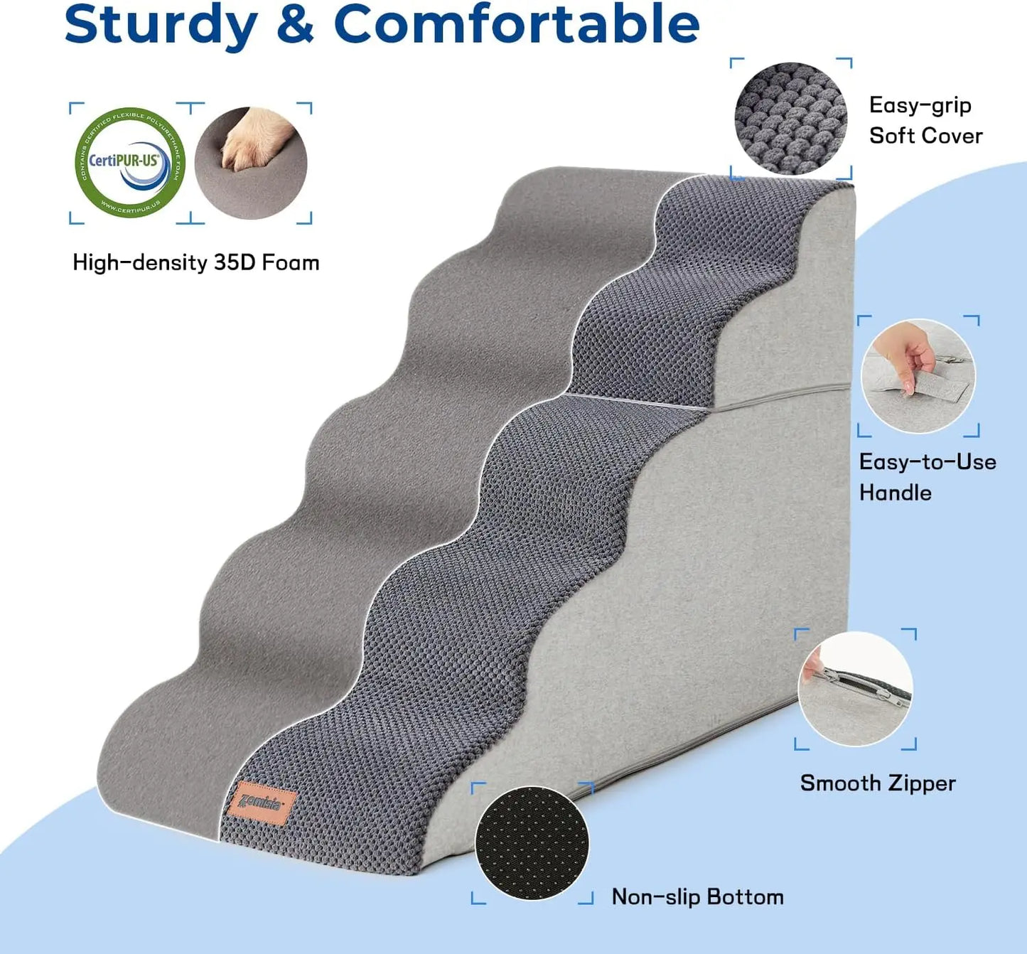 5 Step Dog Stairs for High Beds Up to 25", Non-Slip Foam Pet Ramp, Grey
