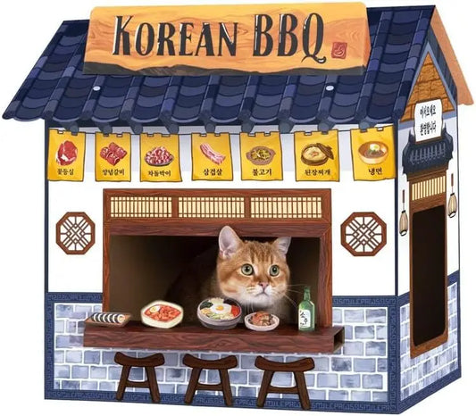 Cardboard Cat House with Scratcher, Large Cat Cave Bed for Indoor Cats, Easy Assembly, Korean BBQ Design, Pet Furniture