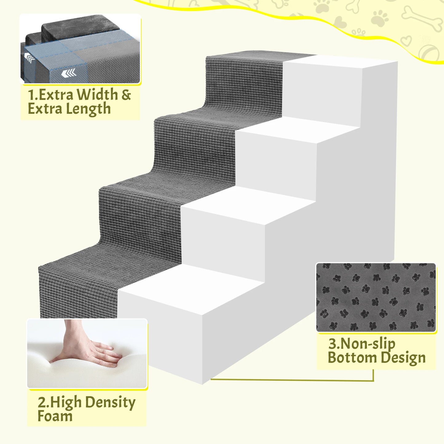 4-Tier/5-Tier Pet Stairs For Small Dogs & Cats, Non-Slip Bottom Design For High Beds & Couches, High-Density Foam Steps