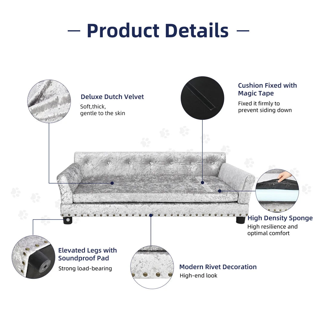 Deluxe Silver Dutch Velvet Dog Couch Bed Sofa with Removable Cushion for Medium to Large Dogs Comfortable Upholstered Pet Sofa