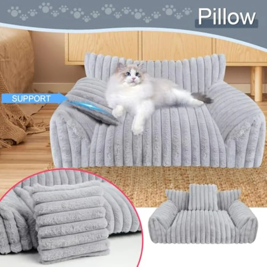 Cute Cat Couch Bed for Indoor Cats, Fluffy Pet Cat Sofa with Premium Soft Corduroy Fleece, Cute Dog Beds for Dogs, Fuzzy Puppy