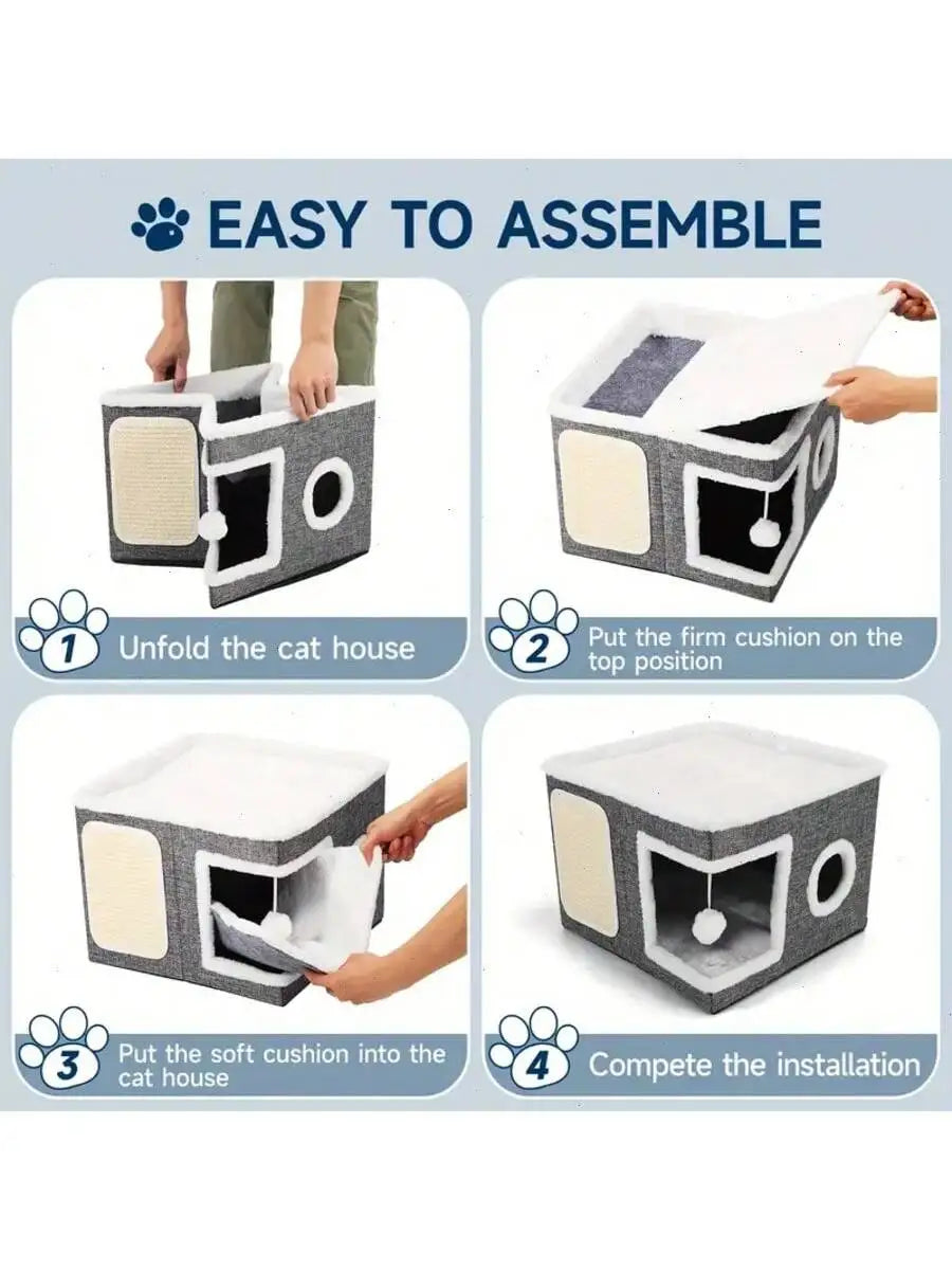 Foldable 4-Season Cat Play Cube with Bed & Tunnel
