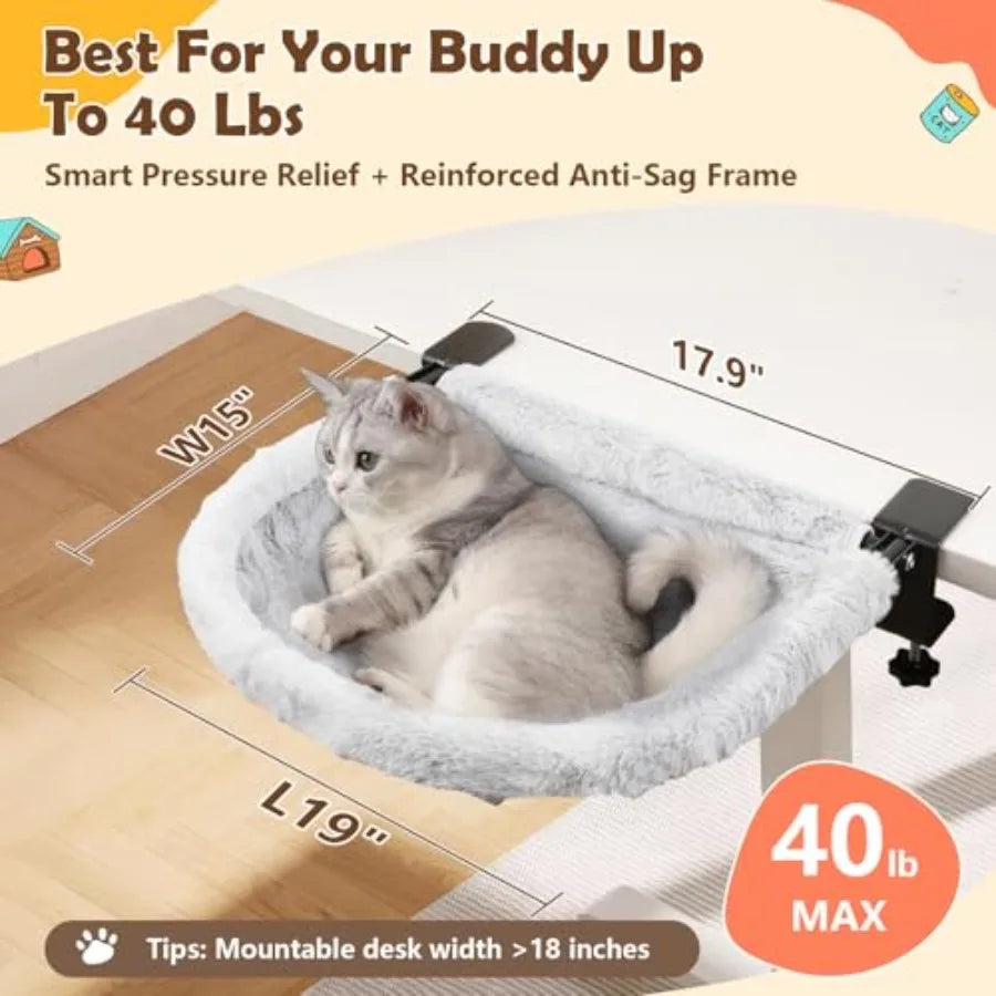 X- Cat Desk Bed 19"x15" Spacious Retreat, Dual Clamps and Sunken Hammock Design, Comfy Cat Desk Hammock with Faux Rabbit Fur Co