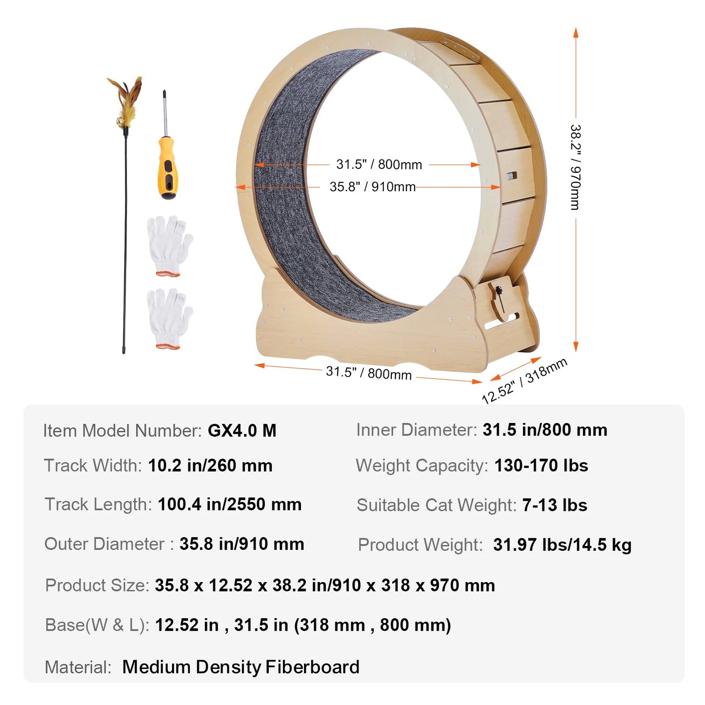Large Wooden Cat Exercise Wheel with Detachable Carpet & Teaser