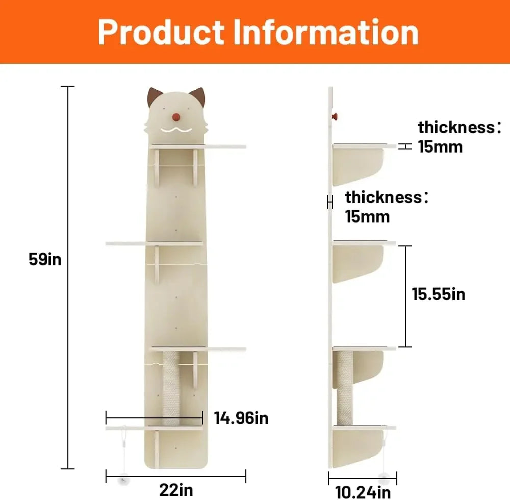 Wall-Mounted Cat Shelves Set - 4 Steps, Solid Wood, Hammock & Perch