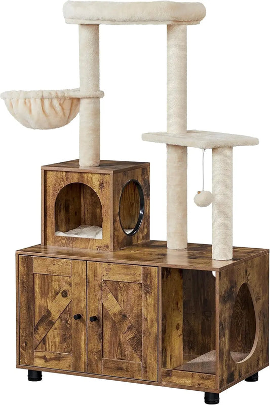 All-in-One Cat Litter Box Enclosure with Cat Tree, Scratching Posts, Wooden Furniture, Rustic Brown/Beige