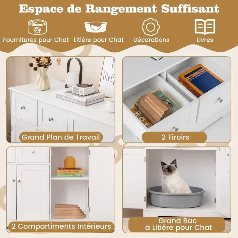 Cat Litter Box Enclosure with 2 Drawers and 3 Doors for Kittens and Adult Cats-White