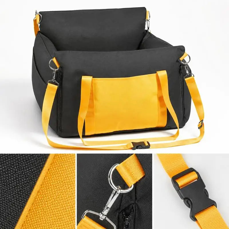 Dog car seat, dog booster seat with side handles and storage bag, attachable safety leash and PP cotton filling, dog car bed for small dogs up to 25 lbs, black