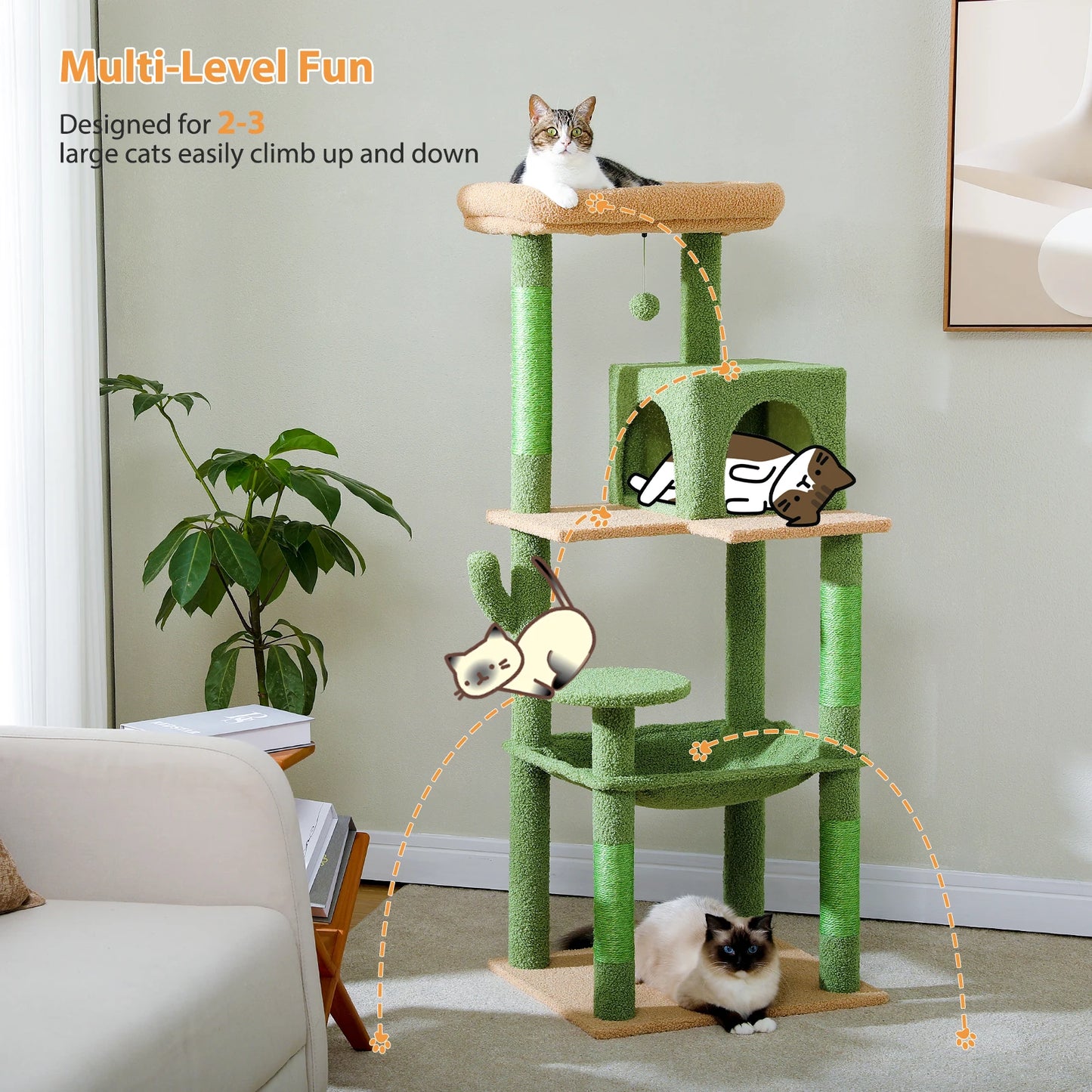 Cactus Cat Tree Tower with Plush Hammock & 2-Door Condo