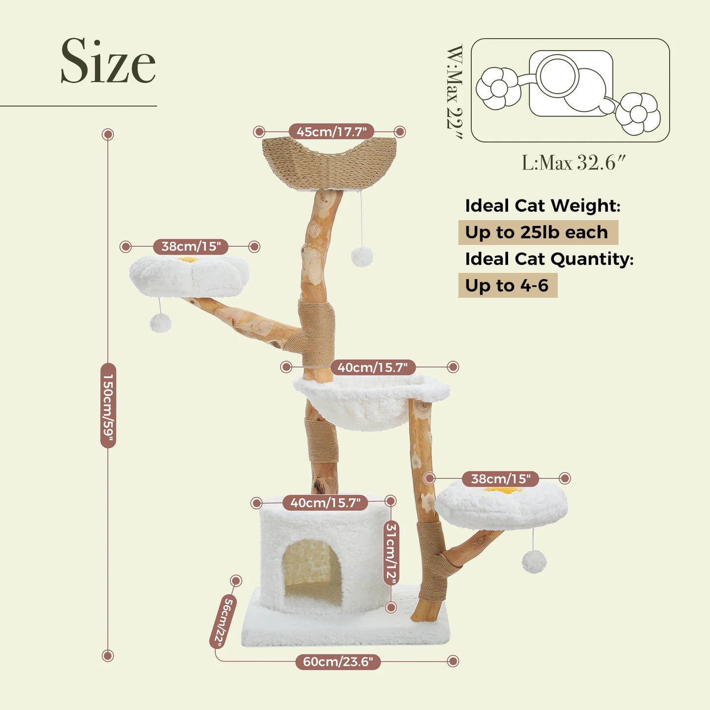 Large Modern Cat Tree Tower with Sisal Posts & Wicker Basket Bed