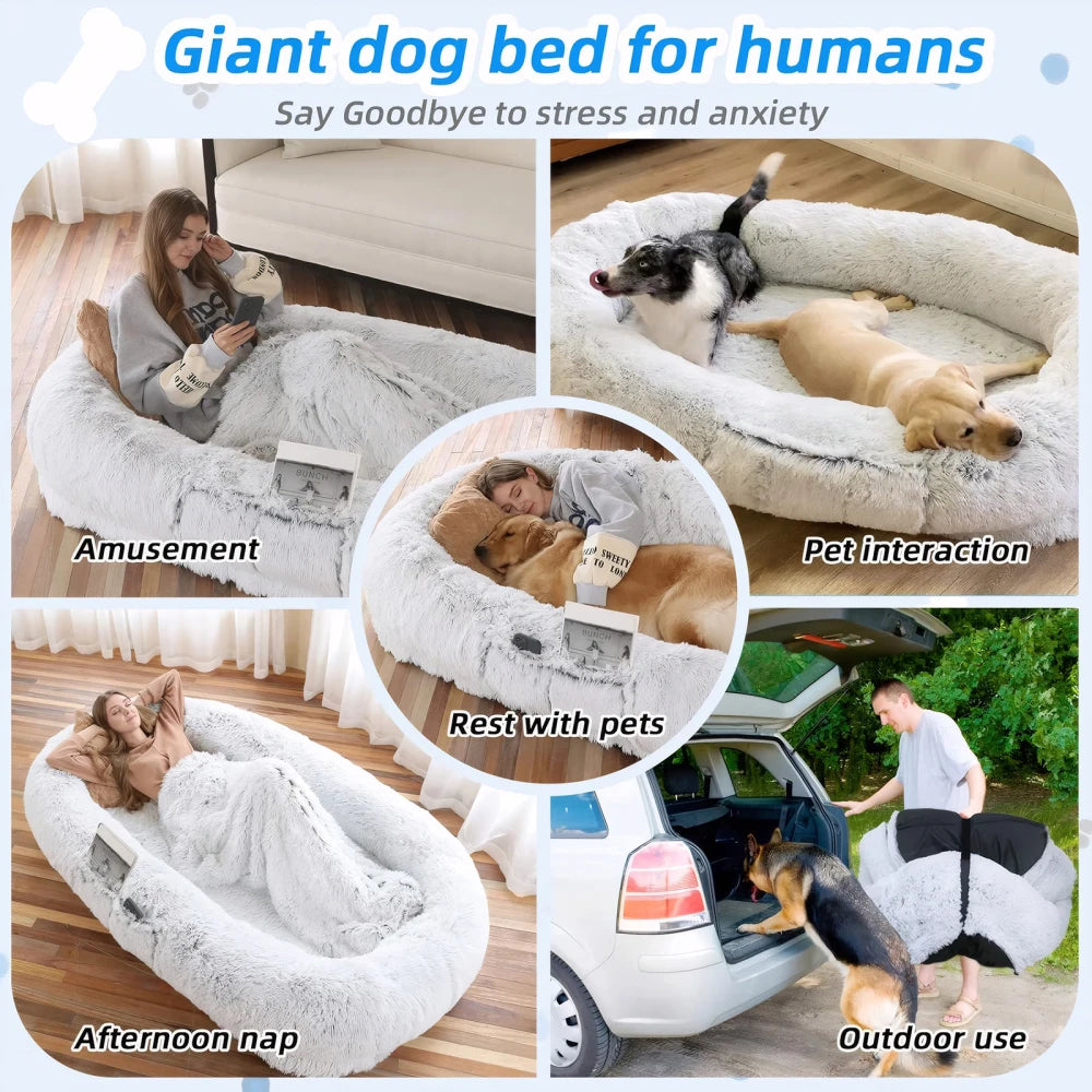 Ye Human Dog Bed, Washable Faux Fur, Orthopedic for Dozing & Napping, 71''x45''x14'' Fits You & Pets (Grey), Blankets & Pillows Not Included