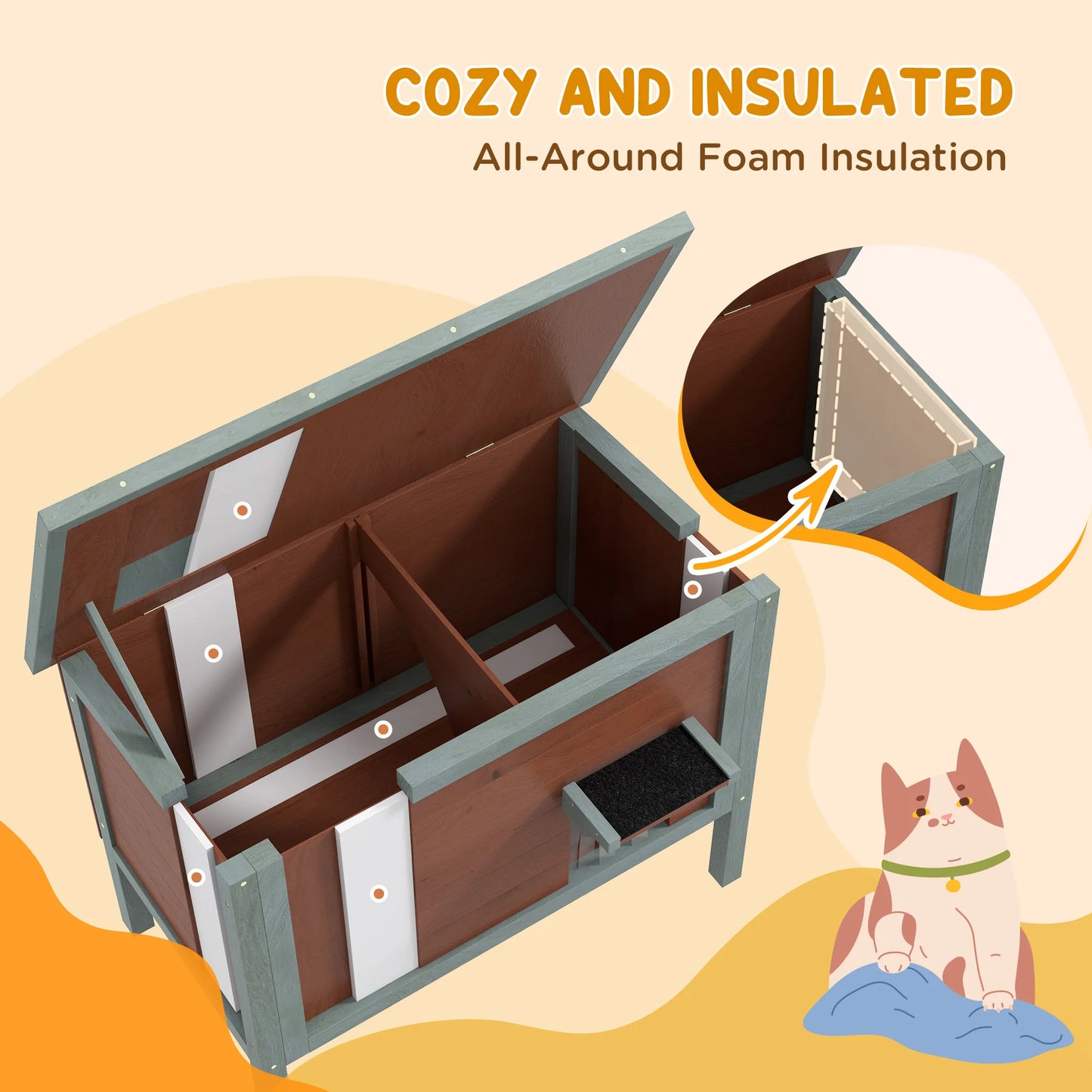 Outdoor Cat House, Wooden Feral Cat House w/ Removable Floor, Brown