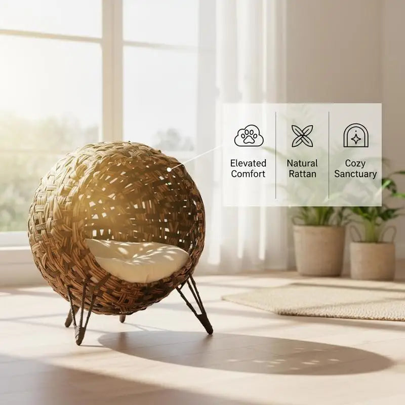 Rattan Cat House with Cushion Cat Sleeping Place Cat Cave with Raised Feet Brown Ø52 X 58 cm