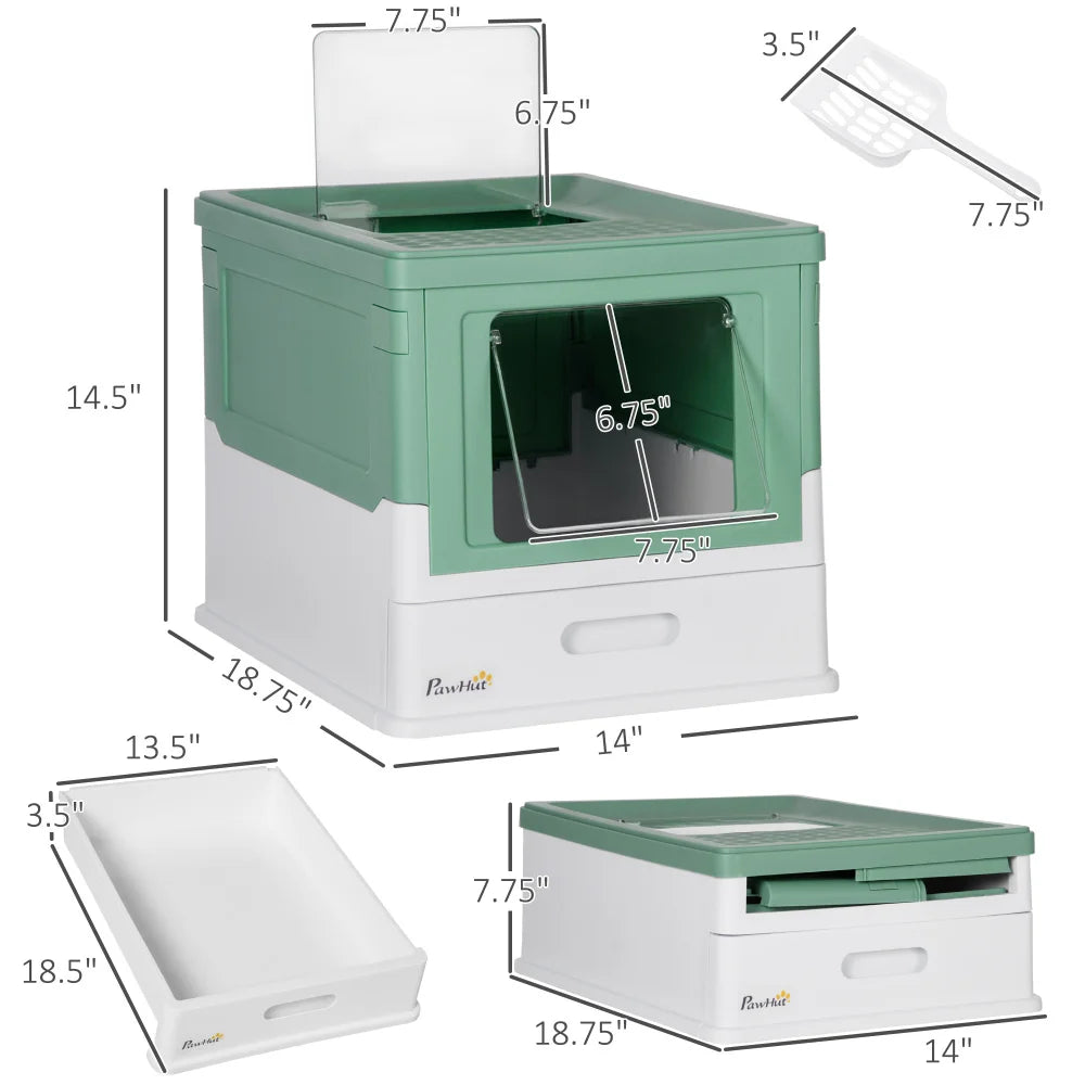 PawHut Fully Enclosed Cat Litter Box with Scoop, Hooded House with Drawer Tray, Foldable Smell - Proof Potty, Front Entry, Top Exit, Portable Pet Toilet, Large Space, Green