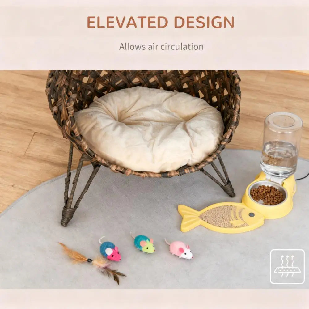 Ye Elevated Hand-woven Braided Banana Leaf Kitten House Condo with Cushion, Weaved Cat Bed