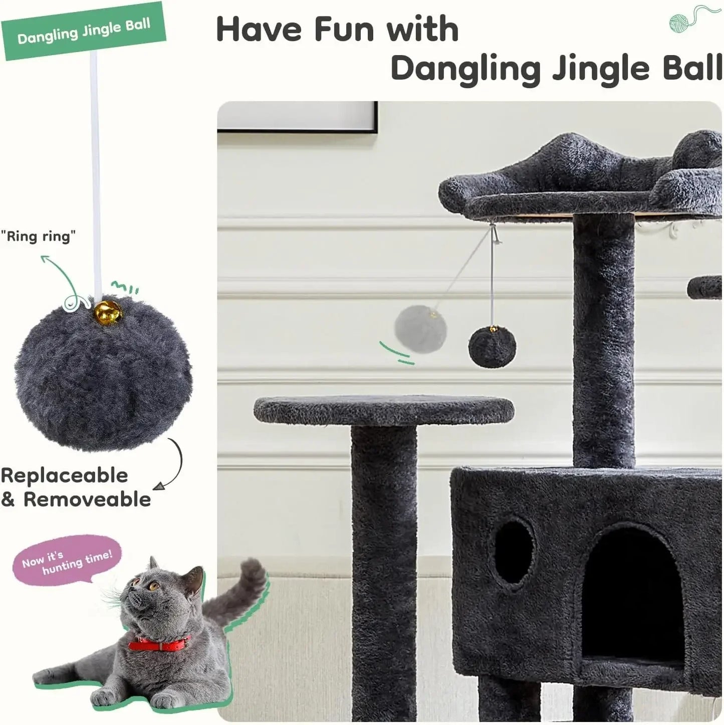 54-Inch Multi-Level Cat Tree for Large Cats with 2 Condos, Scratching Posts, Ladder, Toys, Dark Grey